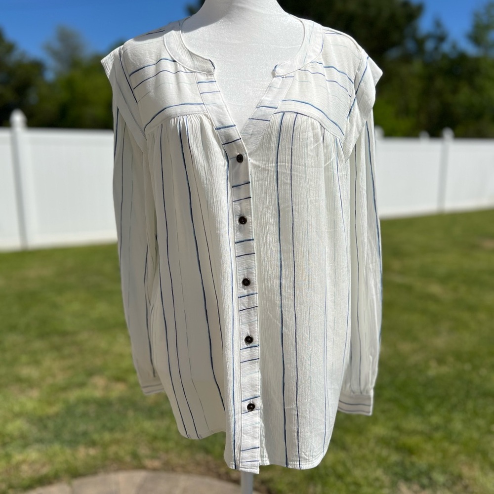NWT Long Sleeve Button Down Top White w/Light & Dark Blue Stripes Sz L - Picture 5 of 11
